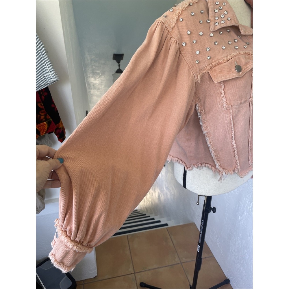 POL Pearl & Rhinestone NWOT Colorblock Pink & Raspberry Denim Jacket Oversized S - Picture 3 of 8